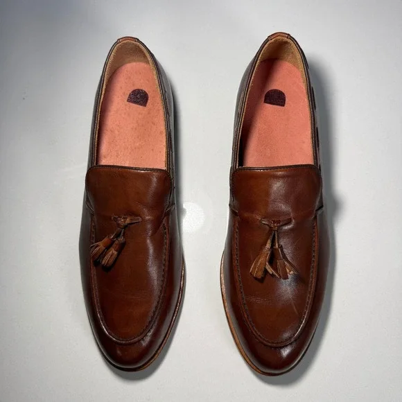 Elanroman Mens Brown Leather Tassel Loafers Apron Toe Shoes Size 46(12.5-13)